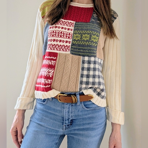 Vintage Fair Isle Plaid Mixed Patchwork Ribbed Crewneck Sweater In Ivory/Red